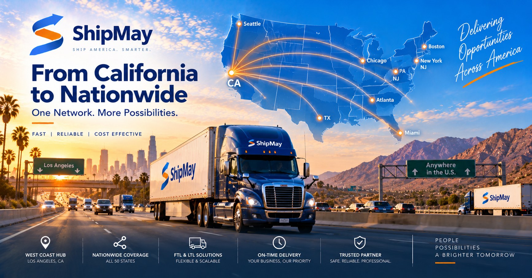 ShipMay 卡车行驶在洛杉矶附近的5号州际公路上,覆盖全美的拖柜与卡车网络