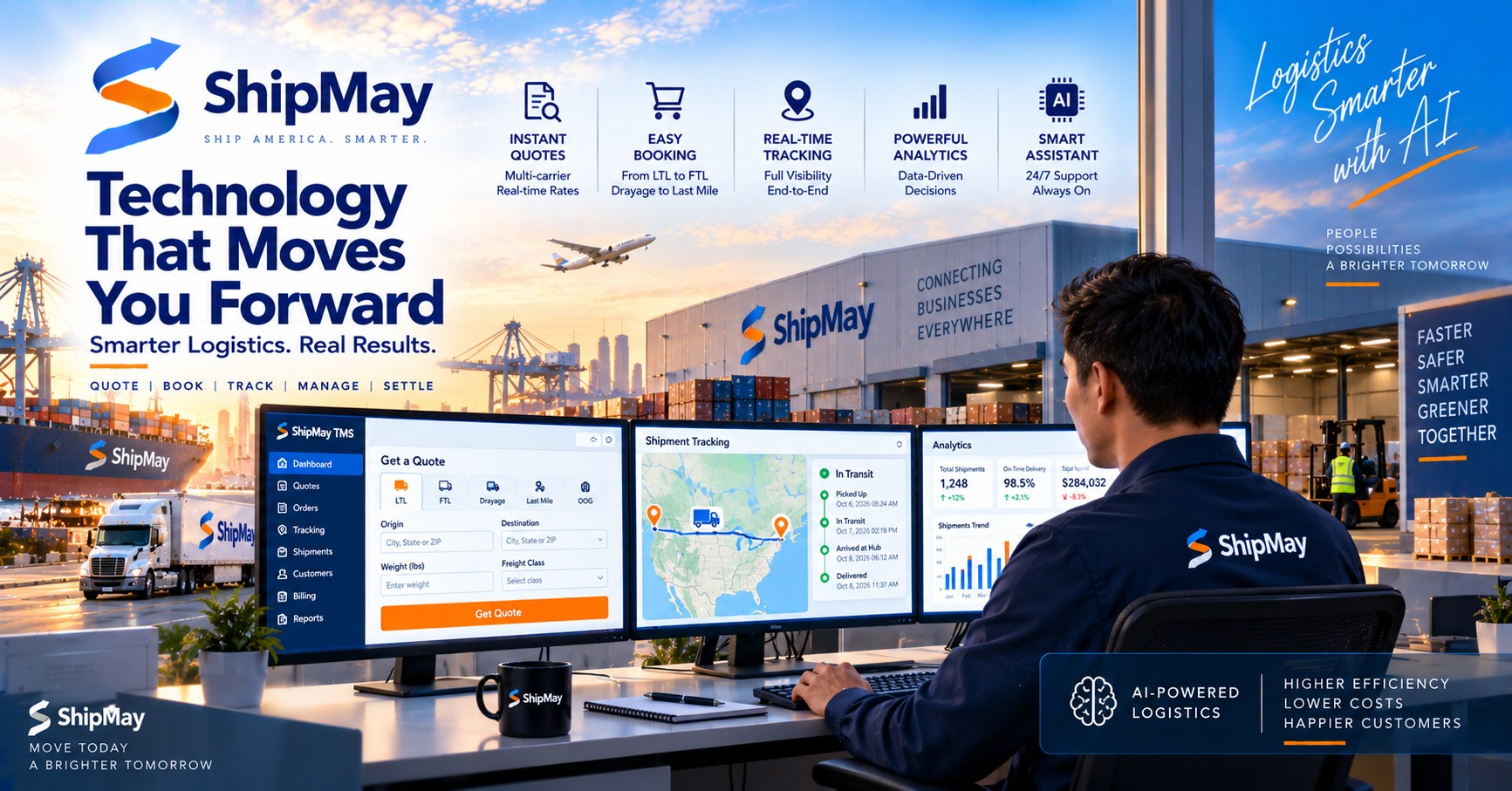 ShipMay TMS 报价界面,显示起点、目的地、重量和 Freight Class 字段