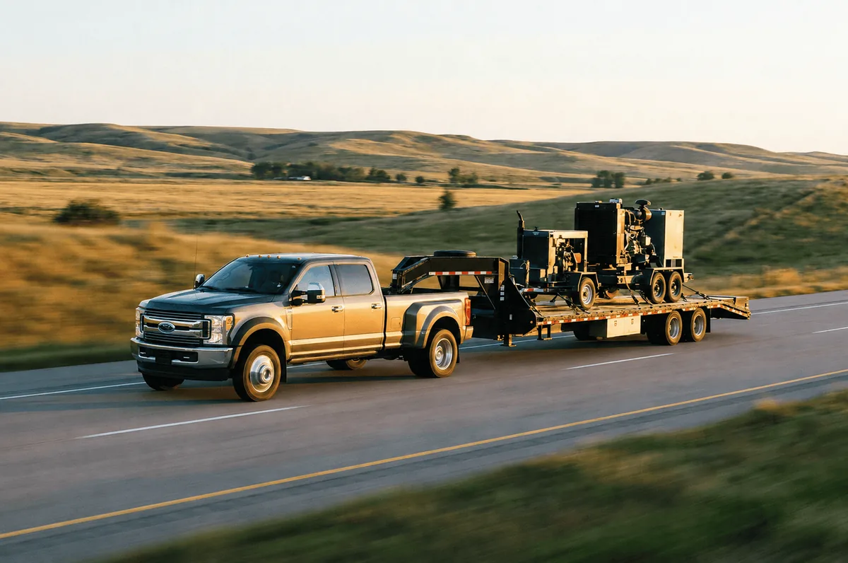 Class 3-5 pickup truck pulling a gooseneck deckover trailer loaded with equipment