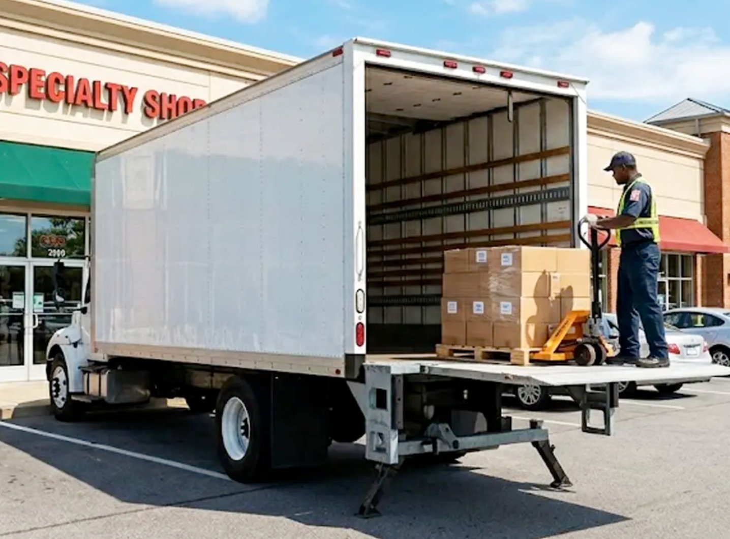 Box truck with rear liftgate lowering a palletized shipment to street level